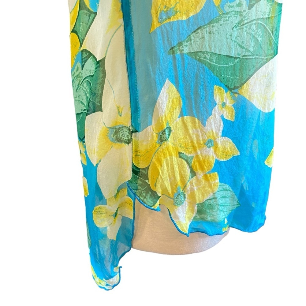 Silk Floral Hawaiian Printed Sheer Long Sleeeve Lightweight Blouse Tie Front - Picture 7 of 13